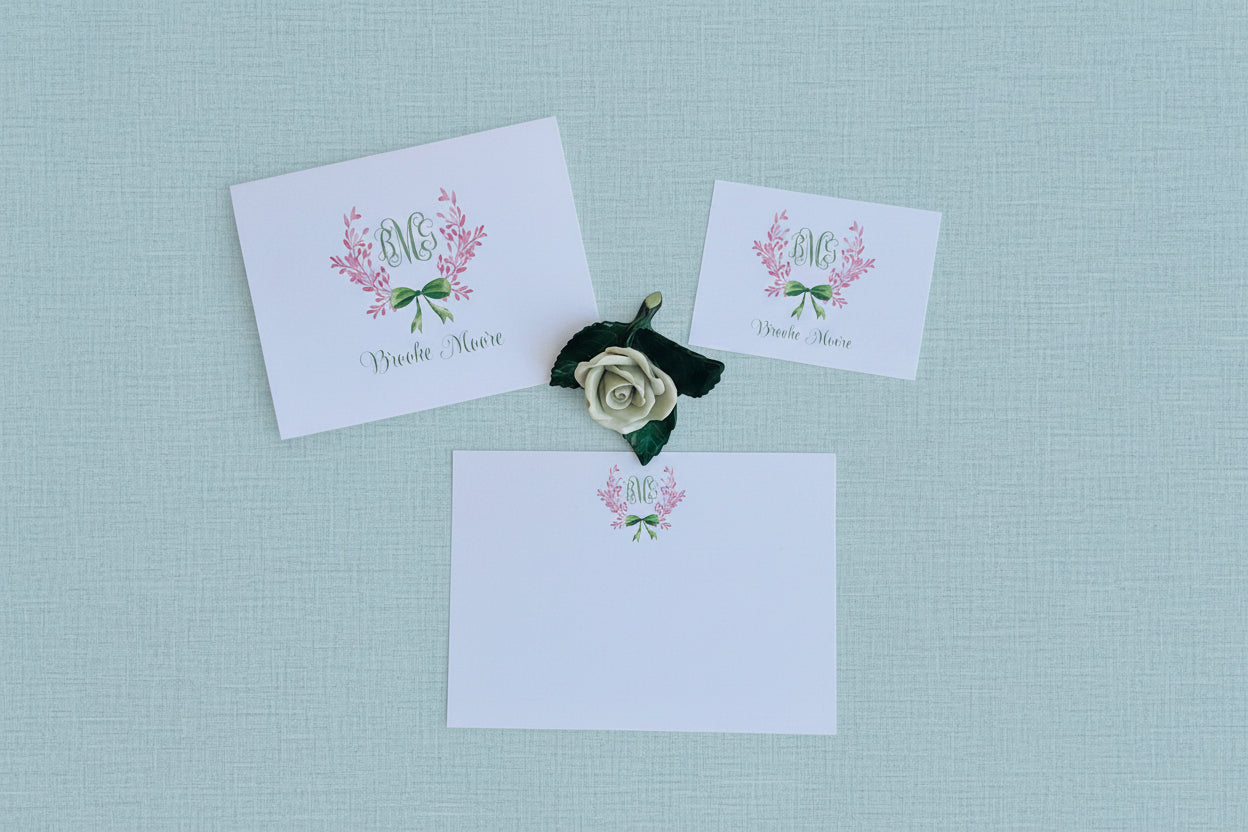 Pink Crest with Green Bow Foldover Note