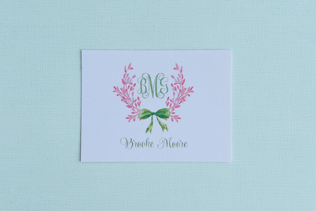 Pink Crest with Green Bow Stationery Set