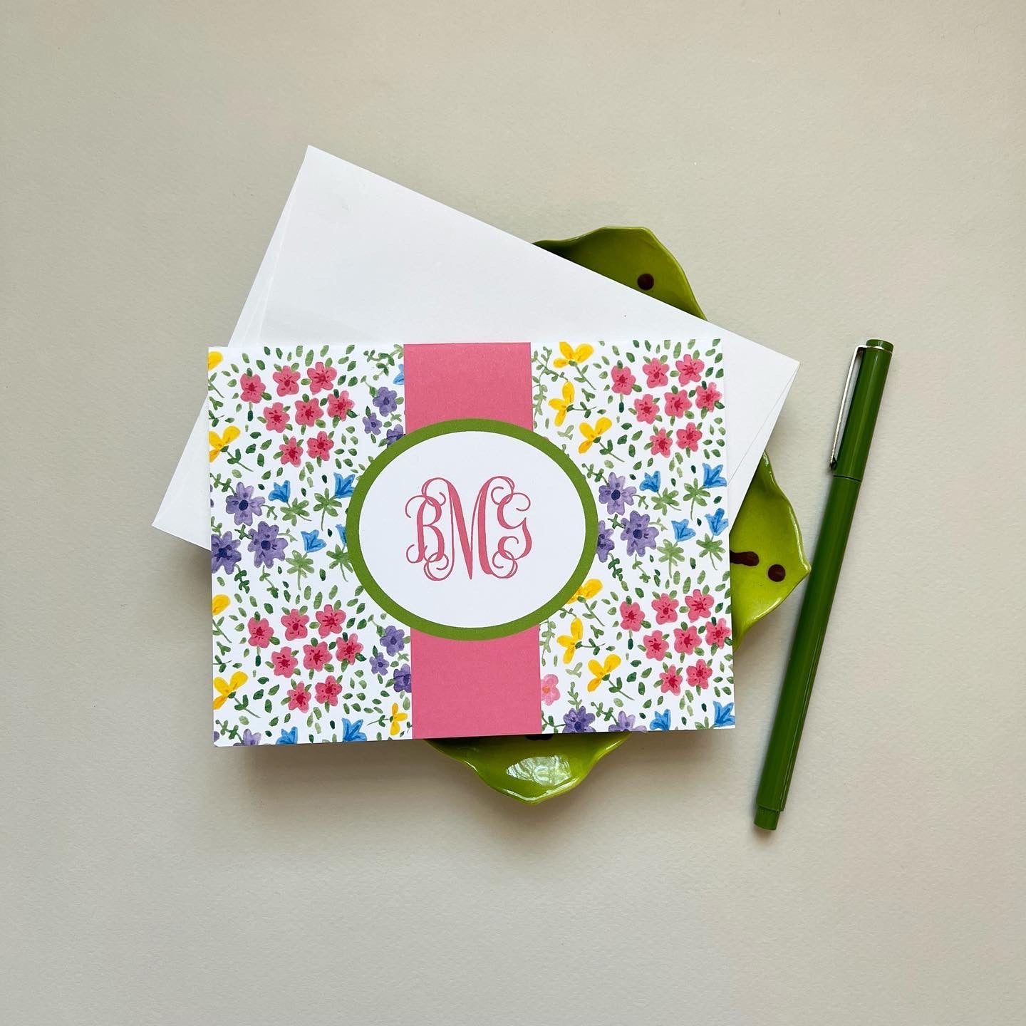 Flower Collage Foldover Note with Circle Monogram