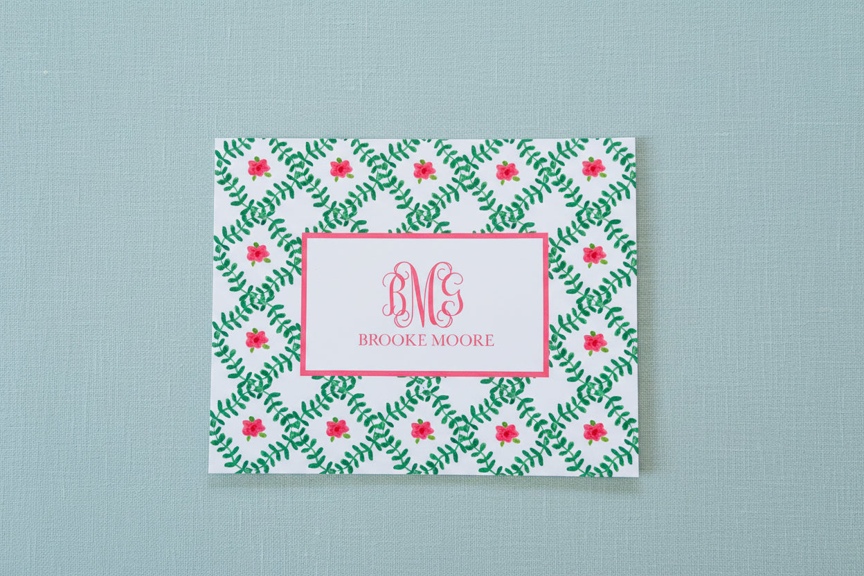 Green Trellis with Pink Flower Foldover Note