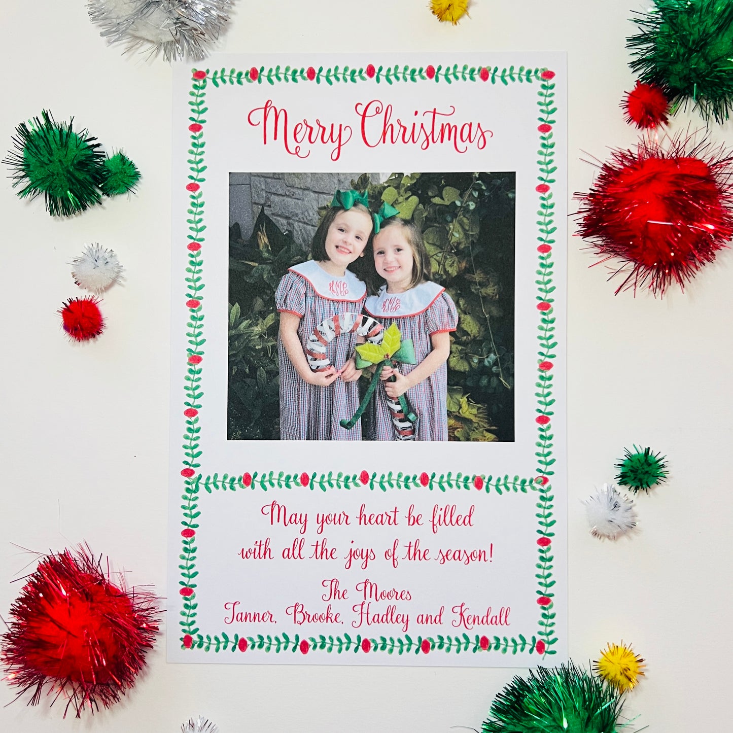 Green Dot Vine Border Holiday Photo Card