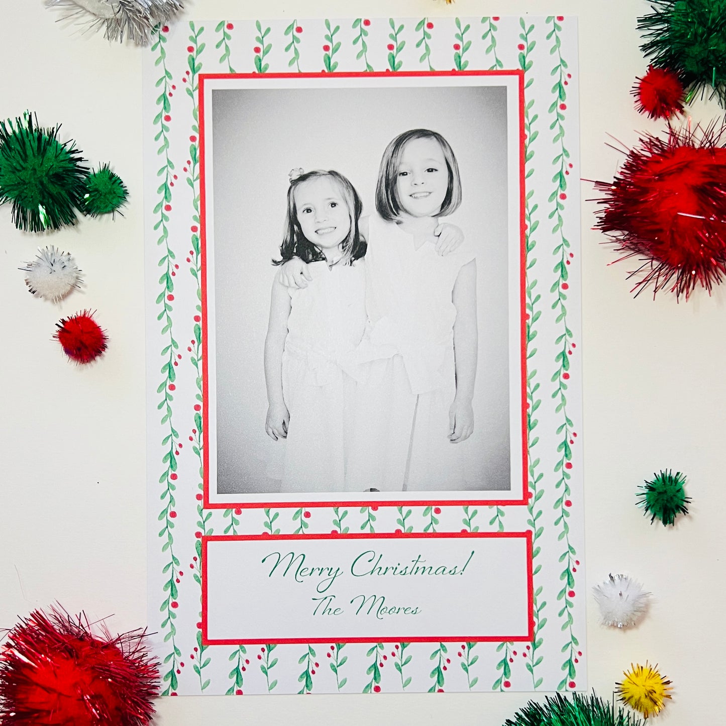 Green and Berry Vine Stripes Holiday Photo Card