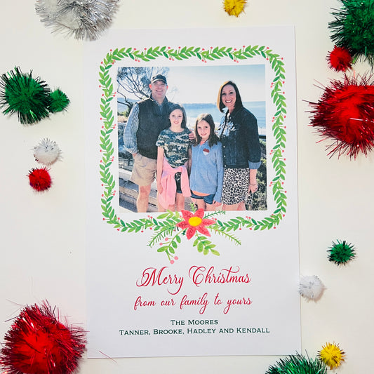 Green Swag with Poinsettia Holiday Photo Card