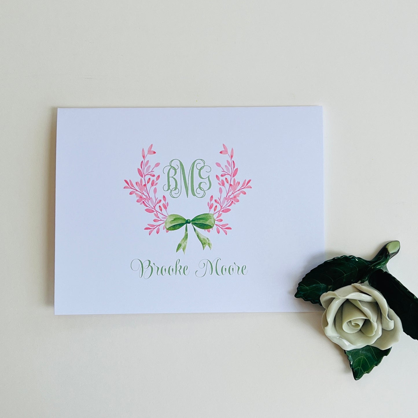 Pink Crest with Green Bow Stationery Set