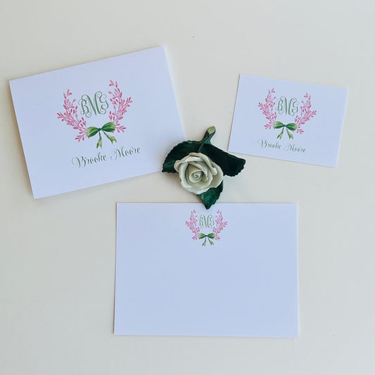 Pink Crest with Green Bow Stationery Set