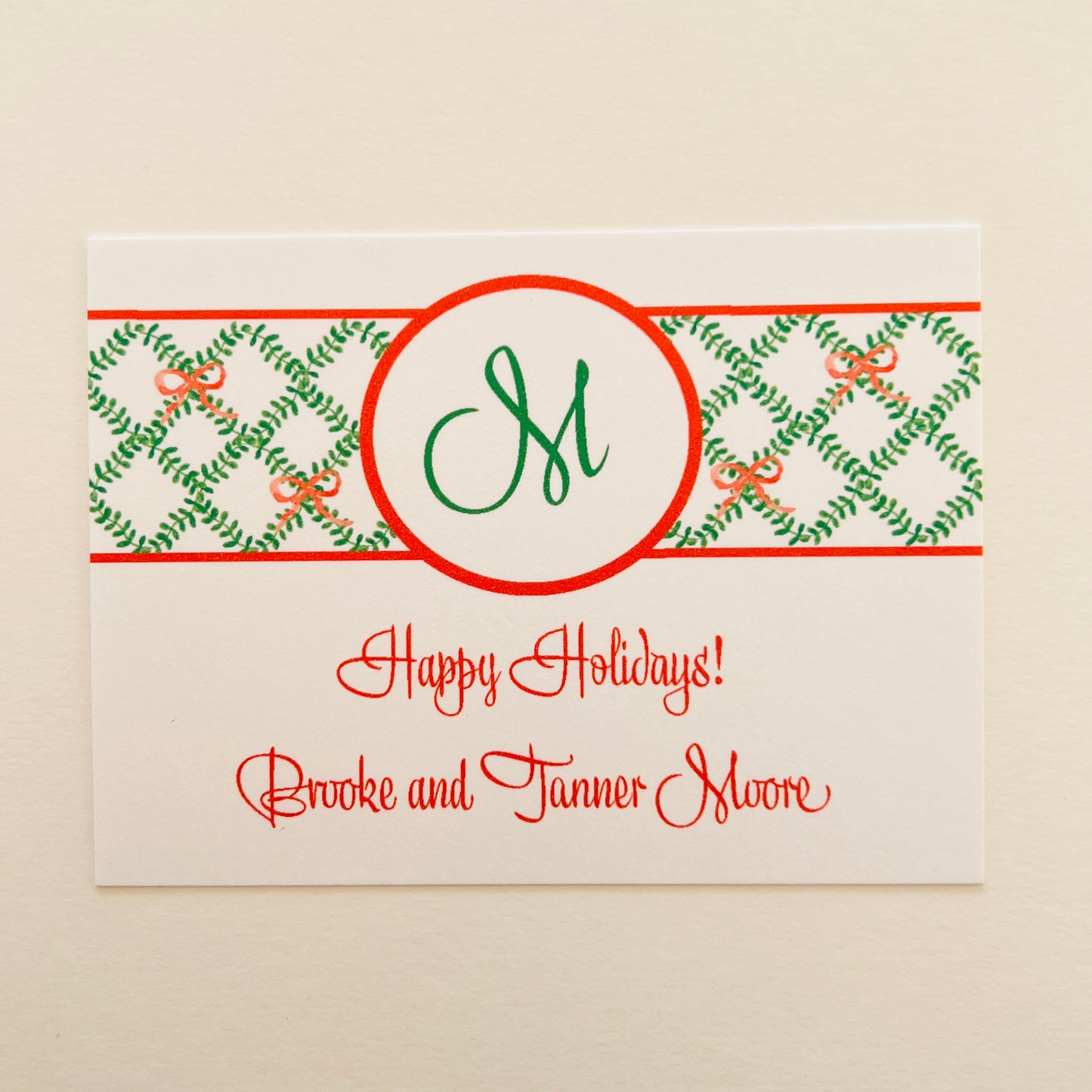 Green Trellis with Mono and Bow Band Holiday Gift Enclosure Card