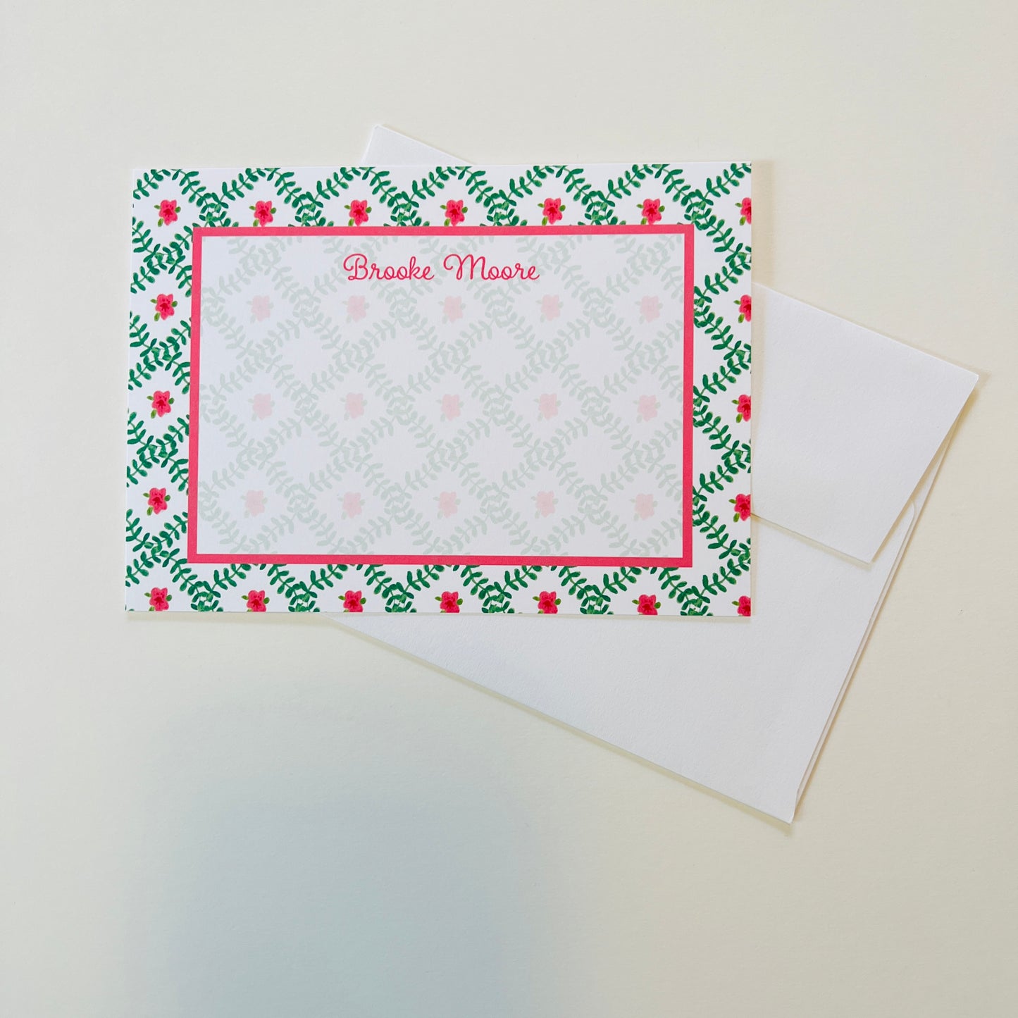 Green Trellis with Pink Flower Stationery Set