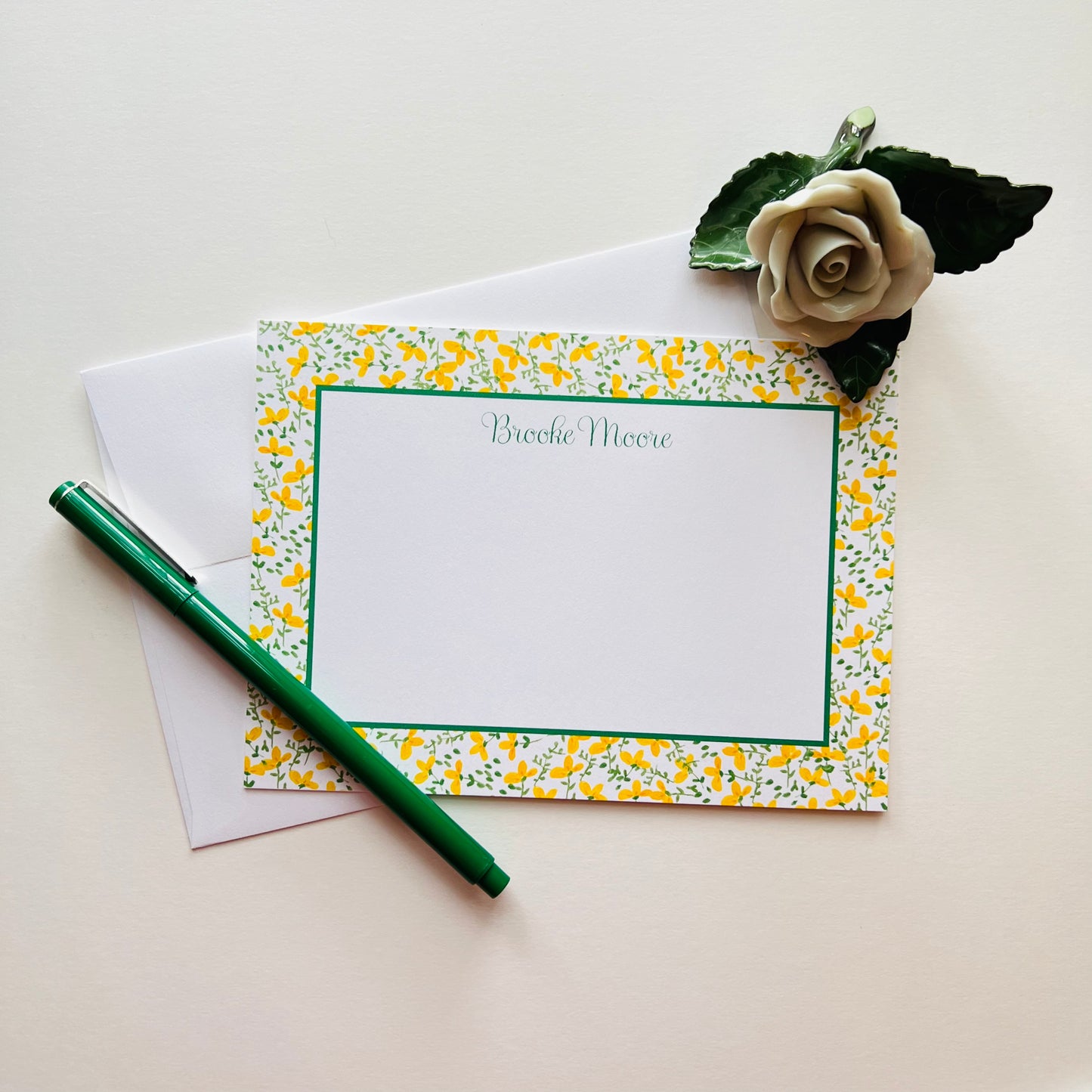 Yellow Floral with Green Correspondence Card