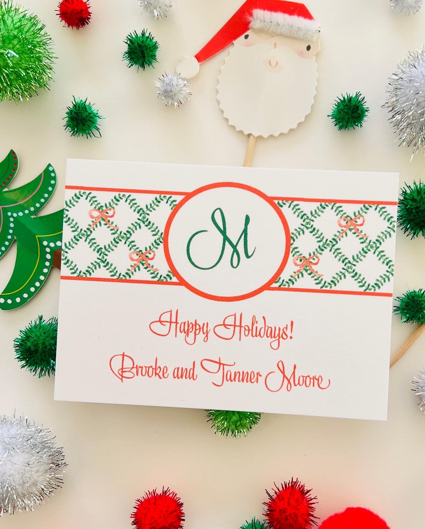 Green Trellis with Mono and Bow Band Holiday Gift Enclosure Card