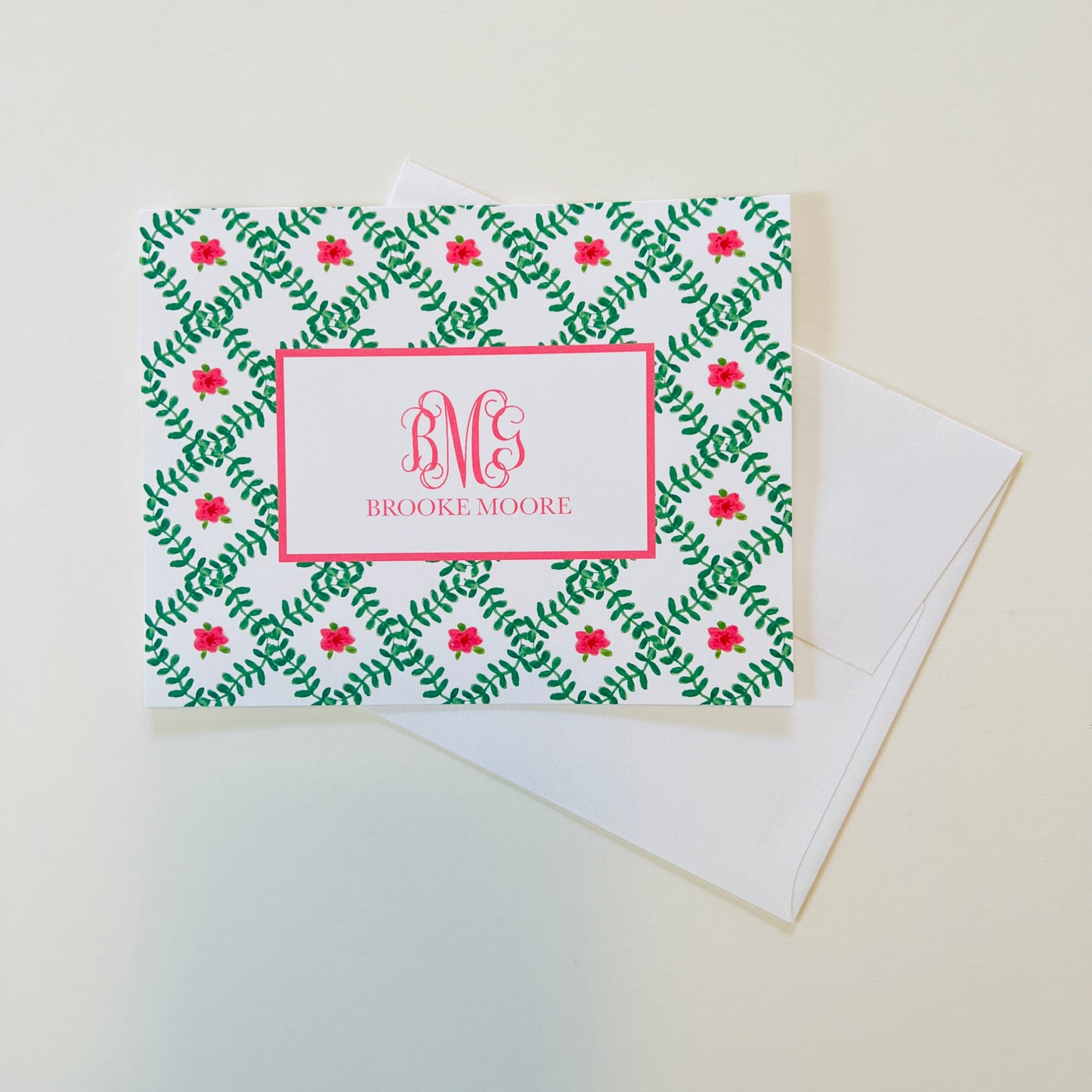 Green Trellis with Pink Flower Stationery Set