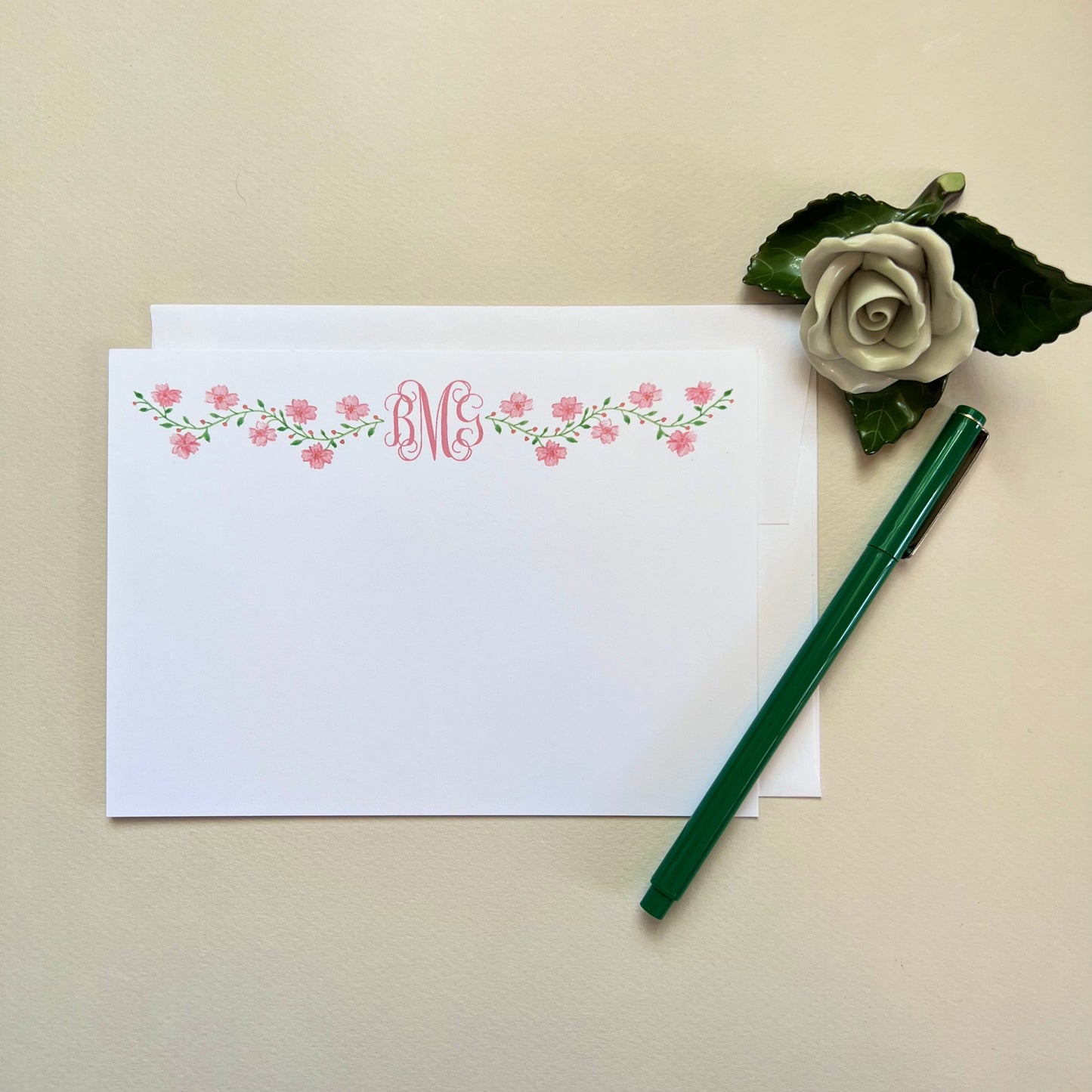 Pink Floral Vine Correspondence Card