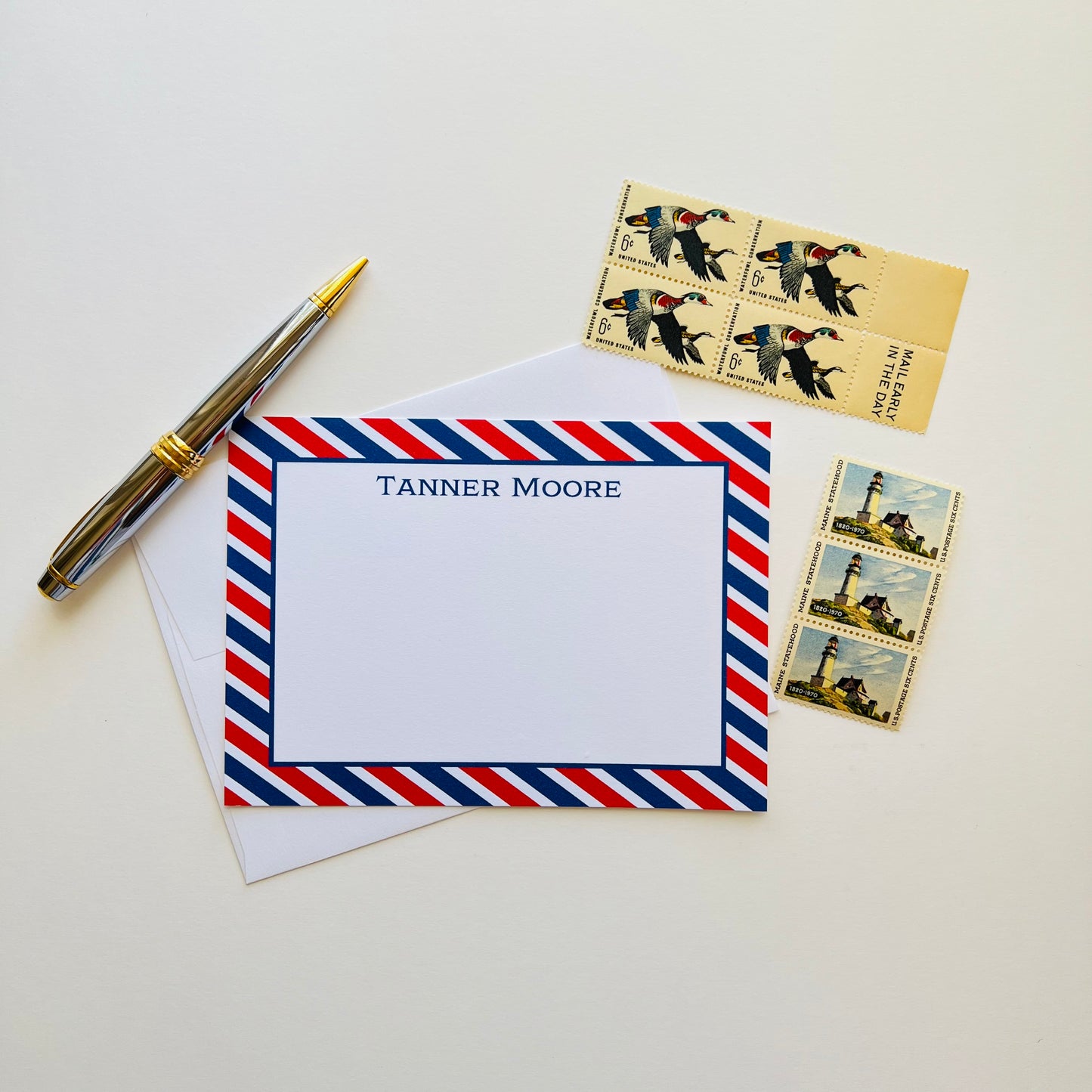 Red and Blue Stripe Border Correspondence Card