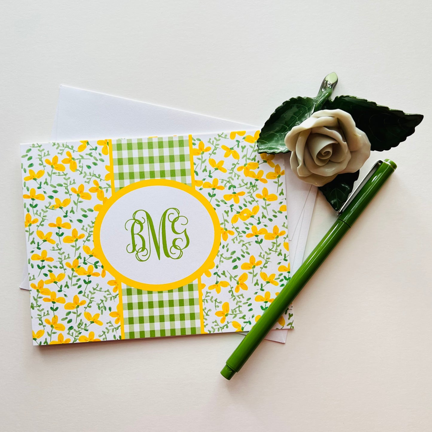 Yellow Floral with Green Gingham Foldover Note