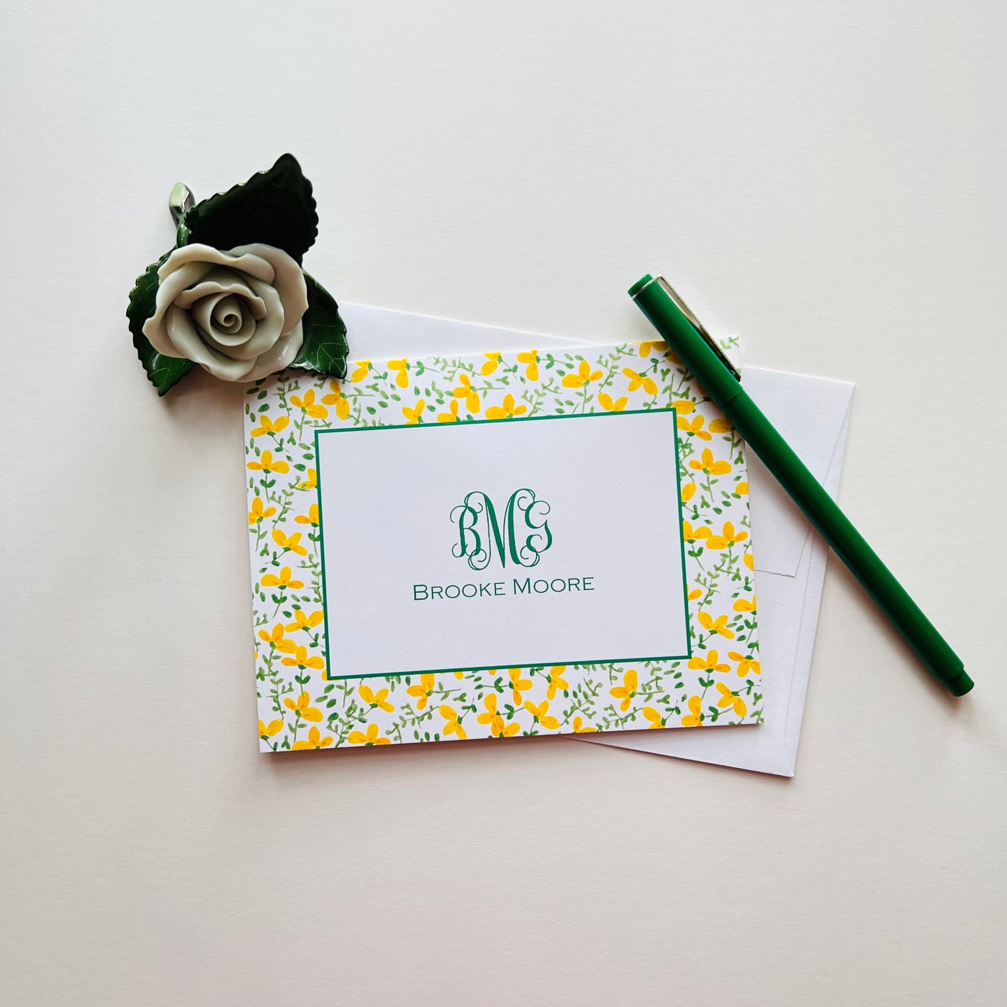 Yellow Floral with Green Foldover Note