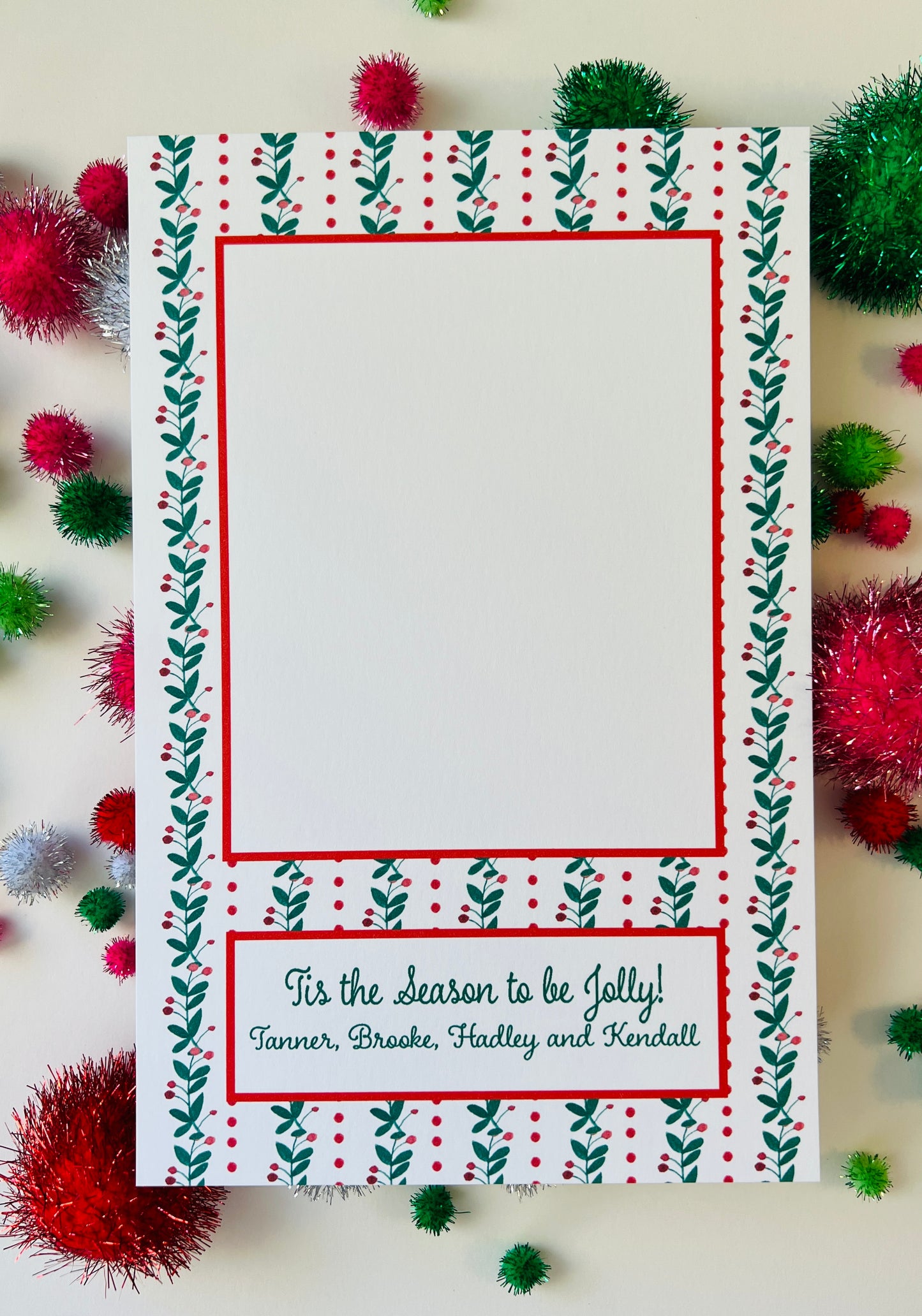 Christmas Berry Sprig and Dot Stripes Holiday Photo Card