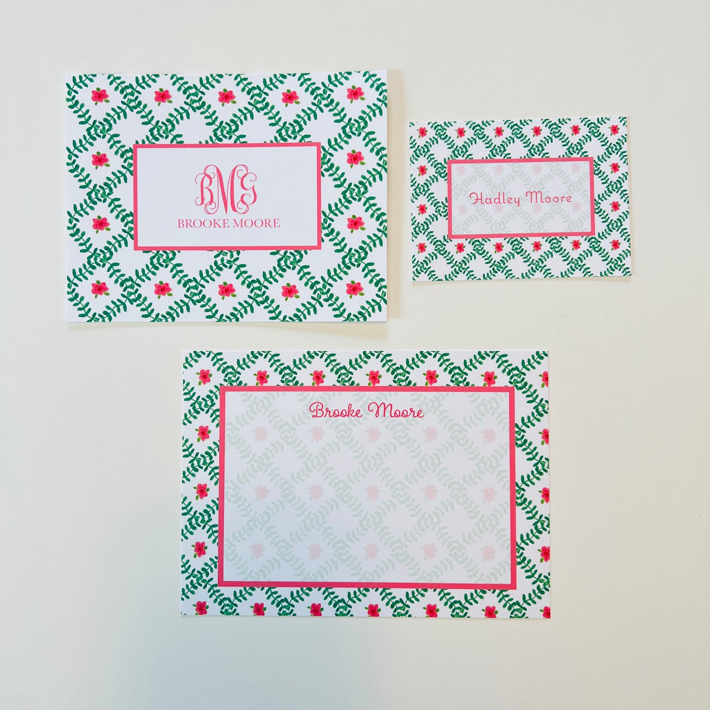 Green Trellis with Pink Flower Stationery Set